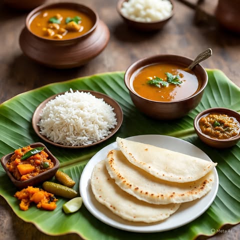 Traditional Tamil Nadu food and sweets on banana leaf
