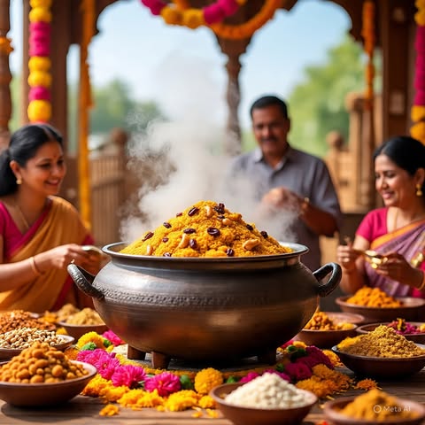 Sakkarai Pongal in a brass pot with overflowing rice