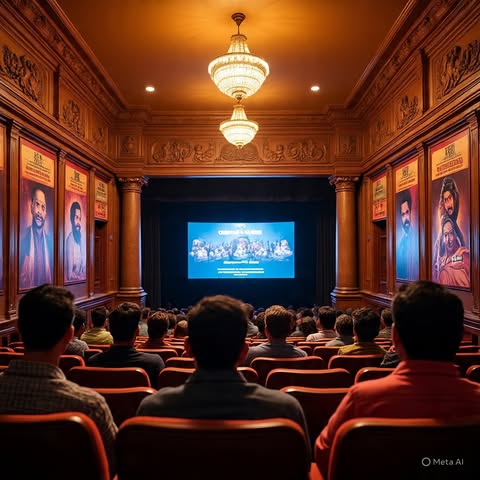 Tamil single-screen cinema with audience and posters